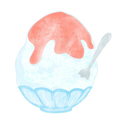 Fluffy large serving of shaved ice with strawberry syrup, simple and cute hand-painted watercolor illustration / イチゴのシロップがかかったふわふわの大盛りかき氷、シンプルでかわいい手描きの水彩イラスト