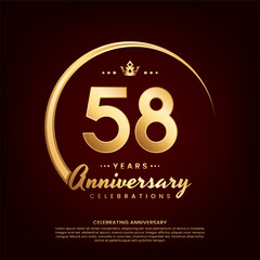 58 year anniversary template design with golden number and ring for birthday celebration event, invitation, banner poster, flyer, and greeting card, vector template