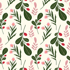 hand drawn christmas element and leaves, foliage pattern. 