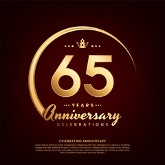 65 year anniversary template design with golden number and ring for birthday celebration event, invitation, banner poster, flyer, and greeting card, vector template