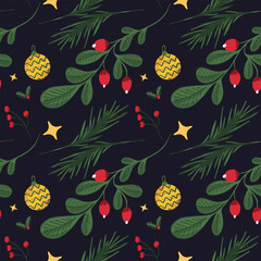 hand drawn christmas element and leaves, foliage pattern. 