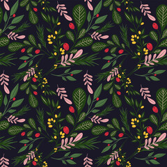 Fototapeta premium hand drawn christmas element and leaves, foliage pattern. 