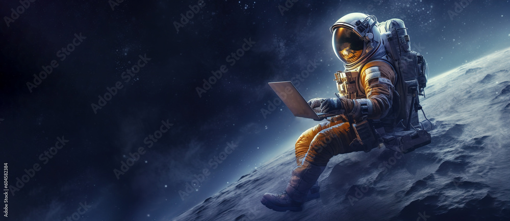 Wall mural astronaut in space with a laptop. banner, copy space. ai generation