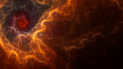 Abstract fractal art background with copy space, suggestive of a fiery storm, vortex, explosion or nebula.