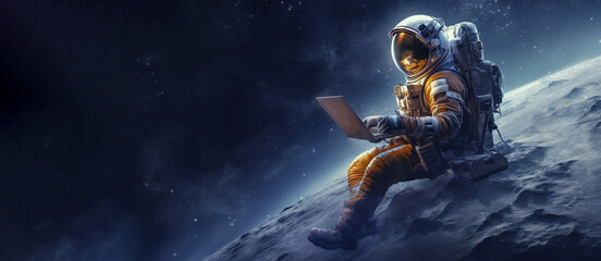Astronaut in space with a laptop. Banner, copy space. AI generation - obrazy, fototapety, plakaty