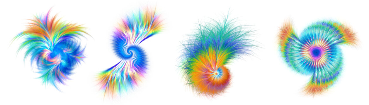Set of four feathery fractal spirals. Rainbow colors. Useful design elements in PNG format with transparency.