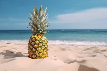 Pineapple on the sand on the beach with copy space. Concept of summer holidays. Generative AI.