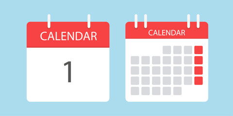 Two different calendar icons. Calendar to tear off every day. Vector illustration in flat style. Isolated on a light blue background.
