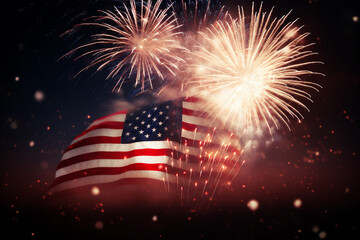 United States flag. Fireworks background for USA Independence Day. Fourth of July celebrate. AI generated content