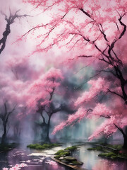Sakura garden landscape. AI generated illustration
