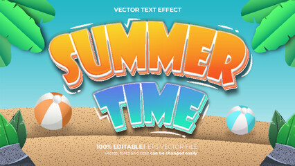 Vector summer time editable text effect 3d style on beach background