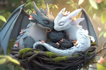 Wandaufkleber Dragon family is sleeping in a nest. Baby dragons and their parents in the forest. Super cute fantasy monster. Funny cartoon character. Fabulous scene. Legend and fairy tale. 3d illustration © Zakhariya