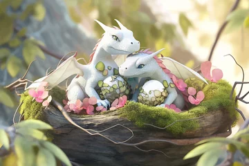 Fototapeten Dragon family is sleeping in a nest. Baby dragons and their parents in the forest. Super cute fantasy monster. Funny cartoon character. Fabulous scene. Legend and fairy tale. 3d illustration © Zakhariya