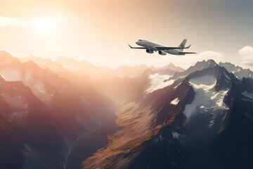 Commercial airplane flying above scenic landscape in beautiful sunset light. Traveling concept design banner. AI generated