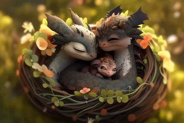 Poster Dragon family is sleeping in a nest. Baby dragons and their parents in the forest. Super cute fantasy monster. Funny cartoon character. Fabulous scene. Legend and fairy tale. 3d illustration © Zakhariya