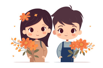 children with flowers, Happy Children's day Vector illustration, cute child with flowers, cute children couple with flowers on background vector illustration, cute kids with flowers illustration