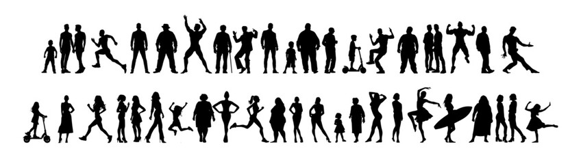 Vector illustration. Silhouettes of men and a woman of different ages. Big set.