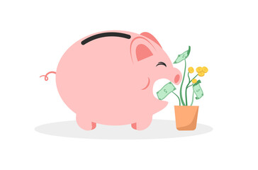 Flat design of saving money in piggy bank, saving salary in piggy bank, flat design of financial management, money management vector, piggy bank eating money tree vector, grow money tree vector.