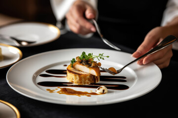 Gastronomic Excellence: A White Plate Brimming with Gourmet Food, Served by an Elegant Waitress in a High-End Restaurant

