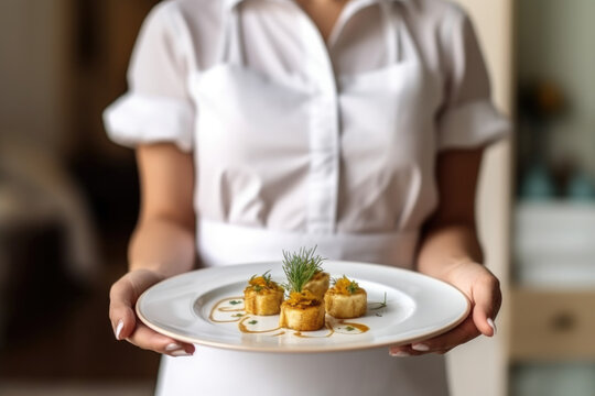 Gastronomic Excellence: A White Plate Brimming with Gourmet Food, Served by an Elegant Waitress in a High-End Restaurant

