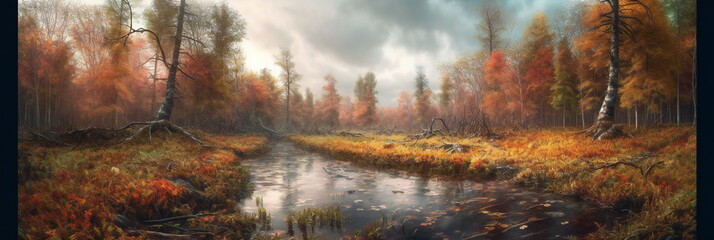Small lake in a beautiful autumn landscape as a panorama created with Generative AI