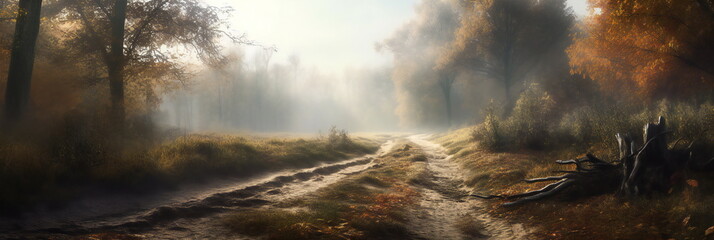 Forest road in autumn as a panorama created with Generative AI