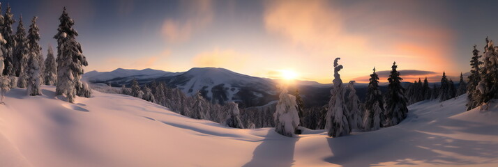 Fototapeta na wymiar Sunrise panorama in winter created with Generative AI