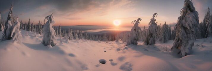 Panorama in winter at sunset created with Generative AI