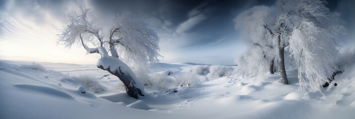 Panoramic winter landscape with trees created with Generative AI