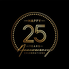 25 year anniversary logo with double line number and golden text for anniversary celebration event, invitation, banner poster, flyer, and greeting card, vector template