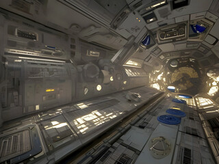 painting of the interior of a spaceship or space station with screens panels and equipment lining the walls. generative ai