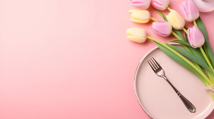 Festive creative table setting plate and tulip bouquet on pink background. Women's Day and Mother's Day