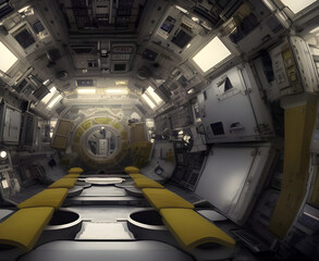 painting of the interior of a spaceship or space station with screens panels and equipment lining the walls. generative ai