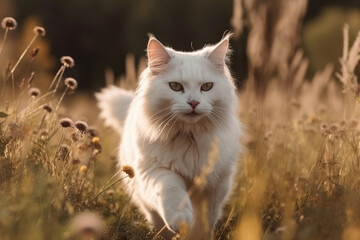 Naklejka na ściany i meble A beautiful white cat runs across a meadow field. Cat in a field with flowers.