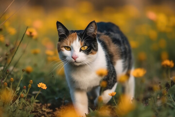 Naklejka na ściany i meble A beautiful cat runs across the meadow field. Tricolor cat in a field with flowers.
