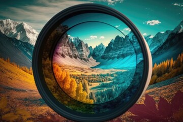 Camera viewfinder with colorful autumn landscape