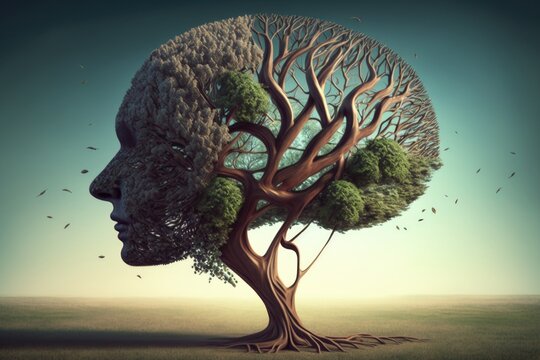 Conceptual image with human head and tree instead of head