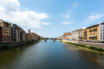 View of the Arno River from the Ponte Vecchio in Florence, Italy