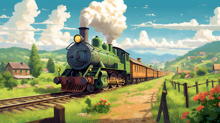 Anime style steam train in the countryside. AI generative