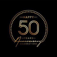 50 year anniversary logo with double line number and golden text for anniversary celebration event, invitation, banner poster, flyer, and greeting card, vector template