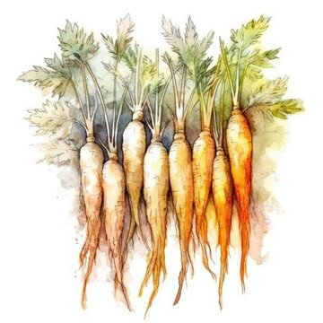 Carrots in watercolor style with ink outline on white background (generative AI)