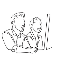 Fototapeta premium one line art character couple working together on computer consult each other hand-drawn illustration vector