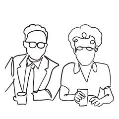one line art character couple working together on computer consult each other hand-drawn illustration vector