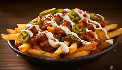 Fries topped with chilli beef, sour cream and sliced jalapeños