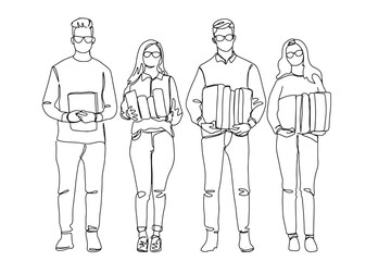 one line art friends group students education boys and girls university and college life education hand drawn illustration vector