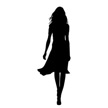 Vector silhouette of a young attractive slender woman in a summer dress, walking, black color, isolated on a white background