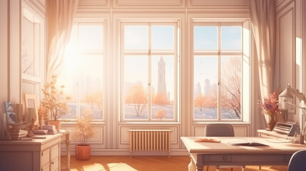 Bright room with workplace at home. Large windows overlooking the city. Winter. Generative AI