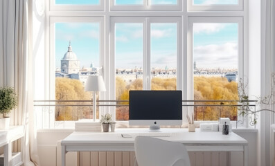 Bright workplace at home by the window overlooking the city. Autumn. Generative AI
