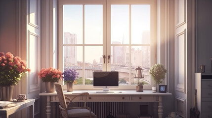 Bright room with workplace at home. Large windows overlooking the city. Generative AI.