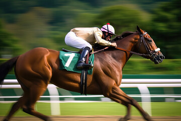 A jockey riding a horse on a track - obrazy, fototapety, plakaty